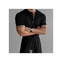Cool Tarz Erkek Slim Dar Hakim Yaka Düz Triko T-shirt Haki Haki