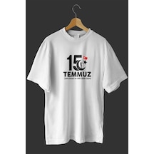 15 Temmuz Demokrasi Ve Milli Birlik Günü Baskılı Oversize Bisiklet Yaka T-shirt - Beyaz