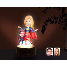 Kişiye Özel Süper Anne Ve Çocuk Karikatürlü Dekoratif 3D Biblo Le