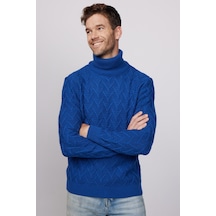 Slim Fit Dar Kesim Tam Balıkçı Yaka Desenli Lacivert Erkek Triko Kazak-28664 Lacivert