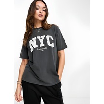 %100 Pamuk Ön Baskılı Kadın T-shirt -90 Antrasit