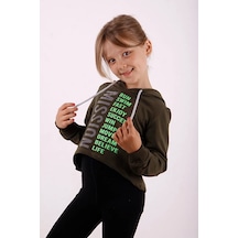 Toontoy Kız Çocuk Relax Fit Kapüşonlu Baskılı Crop Sweatshirt - 2 İplik Haki
