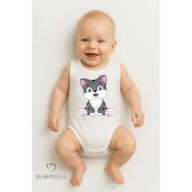 Babyden's %100 Pamuklu Hayvan Figürlü Kolsuz Çıtçıtlı Bebek Body Unisex Kedi Baskılı Beyaz