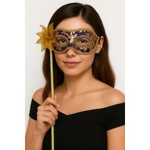 Lüks Taşlı Saplı Maskeli Balo Maskesi Mor Renk 35 Cm Altın Ve Çok Renkli