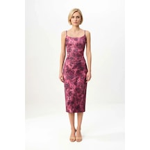 Benerly Kadın İnce Askılı Kare Yaka Çiçek Desenli Bodycon Midi Esnek Örme Mürdüm