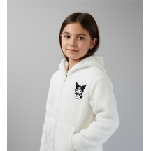 Kuromi Nakışlı Beyaz Pelüş Kapüşonlu Kız Çocuk Hırka Beyaz