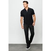 Erkek Fermuarlı Polo Yaka T-shirt Siyah Siyah