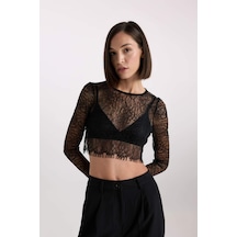DeFacto Crop Bisiklet Yaka Dantel Uzun Kollu Bluz E0210AX24AUBK81 Siyah