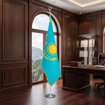 Kazakistan Direkli - Altın Saçaklı Saten Makam Bayrağı Seti Krom Direk Diğer