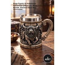 3 Adet Kadeh Kupa Boğa Figürlü 3d Kabartmalı Paslanmaz Çelik Kupa, Metal Bardak, Stainless Steel Mug altın