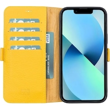 Apple iPhone 13 Pro Max Uyumlu Deri Cüzdanlı Kılıf Limon Sarı Standart