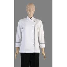 Aşçı Ceketi Beyaz Gabardin Biyeli Rana Yaka Kadın Şef Kıyafeti 001