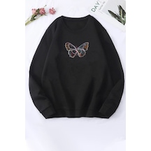 Unisex Butterfly Baskılı Bisiklet Yaka Sweatshirt Siyah