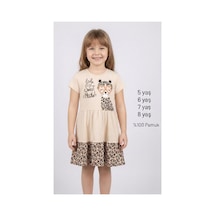 Ketbaby %100 Pamuklu Kız Çocuk Kırmızı Leopar Desenli Elbise 5-8 Yaş Yazlık Konfor Serisi Bej Bej
