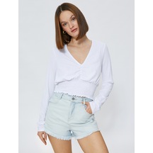 Koton Gipeli Crop Bluz V Yaka Uzun Kollu Beyaz 3sak80105ek