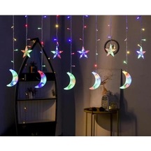Ay Yıldız Perde Led Işıklandırma, Otantik Karışık Renkli, Ramazan Bayramı Dekoratif Işıklandırmalar Çok Renkli