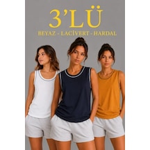 Valensdesign 3 Lü Kolsuz Sporcu Atlet Seti Yazlık Bisiklet Yakalı - Beyaz, Lacivert, Hardal Çok Renkli