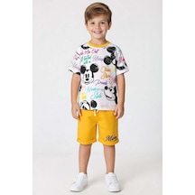 Riccotarz Erkek Çocuk Ayıcık Desen Ve Renkli Yazılarla Penye T-shirt Sarı Şortlu Takım Sarı