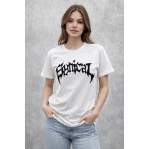 Bisiklet Yaka Ön Baskılı Kısa Kollu Tişört Streetwear Günlük Basic Pamuklu T-shirt - Beyaz Beyaz