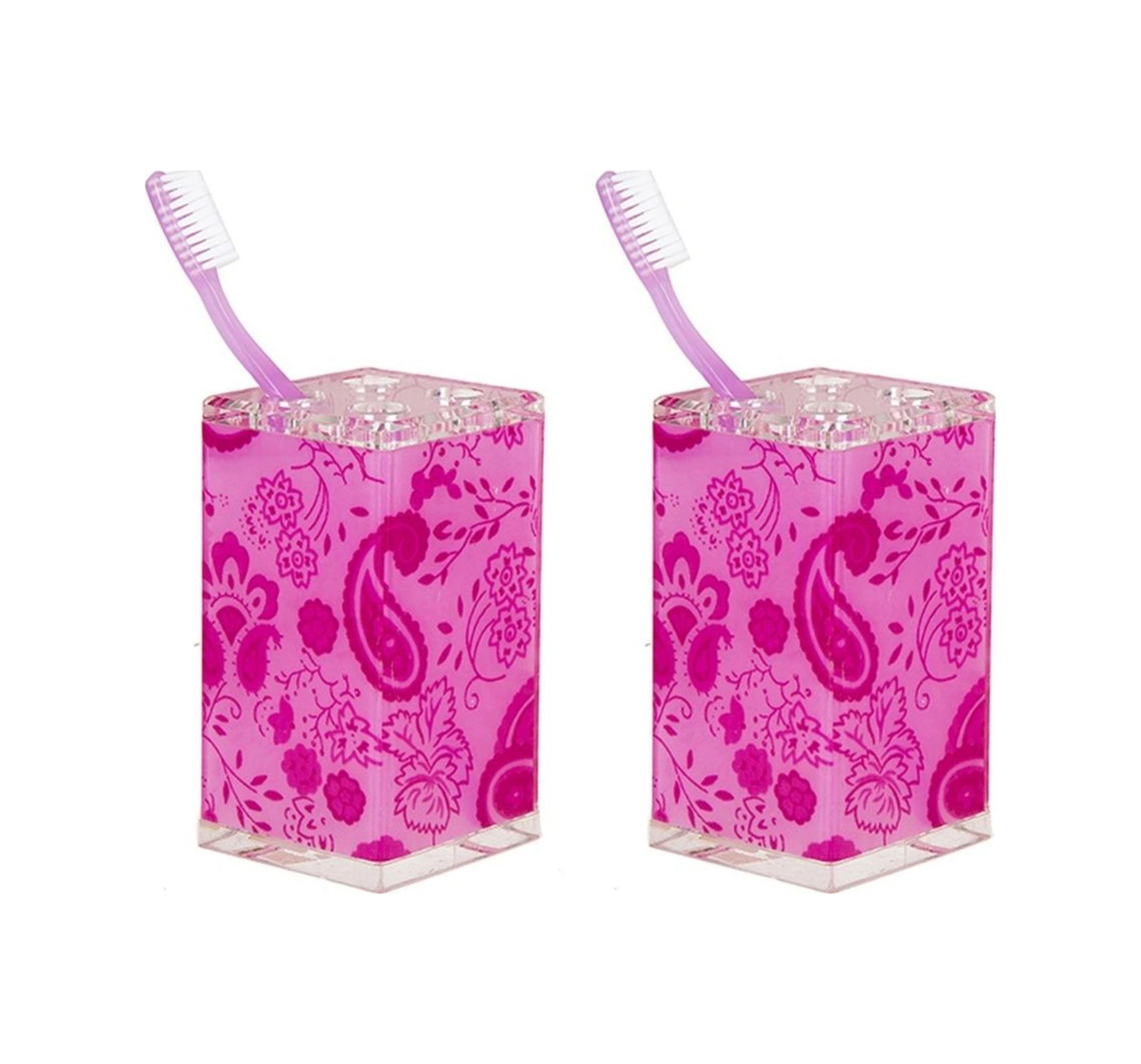 2 Adet Diş Fırçalık Pembe Çiçekli Akrilik 6x6x12cm Banyo Seti Çok Renkli