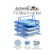 Renkli Metal Evrak Rafı 3 Lü 1 Paket Masa Üstü A4 Dosya Düzenleyici Kağıt Tepsisi Metal Fileli Üç Katlı Hareketli Perfore Mavi