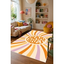 Good Vibes Yazılı Pinterest Desen Baskılı Kaymaz Yıkanabilir Salon Oturma Odası Mutfak Halısı Yolluk Çok Renkli