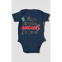 Morivokids Dünya Bir Yana, Amcam Bir Yana Kısa Kollu Bebek Body %100 Pamuk Lacivert