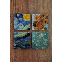 Doğal Taş Bardak Altlığı 4'lü Set - Vincent Van Gogh Eserleri - Stone Coasters Çok Renkli