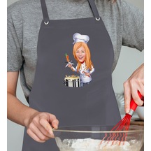 BK Gift Kişiye Özel Kadın Chef Karikatürlü Profesyonel Antrasit M