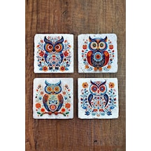 Doğal Taş Bardak Altlığı 4'lü Set 10x10x1 Cm Renkli Baykuş Desenler -stone Coasters Çok Renkli