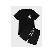 Medinenur Baskılı T-shirt Short Bol Paça Rahat Kalıp Siyah Alt Siyah Üst Short Takım Siyah
