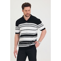 Cool Tarz Erkek Polo Siyah Beyaz Çizgi Detaylı Triko T-shirt Siyah Siyah