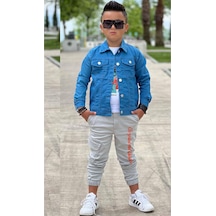 Riccotarz Erkek Çocuk Kaplan Detaylı T-shirt Sırt Baskılı Mavi Jean Ceket Kargo Cepli Alt Üst Takım Mavi