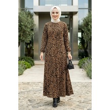 Hb Harma Time Butik Kadın Fermuarlı Leopar Desenli Viskon Tesettür Elbise Siyah Siyah