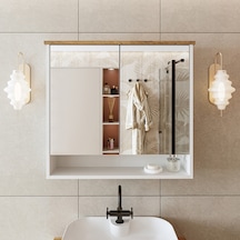 Banos Banyo Kulpsuz 2 Kapaklı Mat Beyaz Mdf 82Cm Aynalı Üst Dlp Atlantik Çam - Beyaz