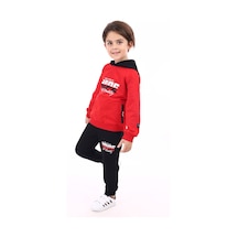 Toontoy Kids Toontoy Erkek Çocuk 2'li Takım Baskılı Kapüşonlu Fermuarlı Cepli Reglan Kol Sweatshirt & Beli Paçası Lastikli Cepli Jogger Eşofman Altı - Renk Bloklu & 2 İplik Kırmızı