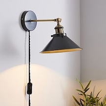Rsylight Retro Metal Rustik Dekoratif Mafsallı Kablolu Anahtarlı Duvar Aplik Çap:22 Siyah
