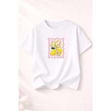 Herkesemoda Limon Baskı Detaylı Bisiklet Yaka Pamuklu Basic T-shirt Beyaz