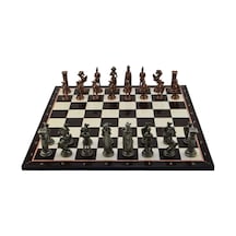 Gifthome Battal Boy Metal İngiliz Satranç Takımı Antik Ve Katlanır Ceviz Desenli Mdf Satranç Tahtası 43x43 Cm.