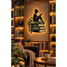 Led Işıklı Tablo Kitap Okuyan Kız Dekoratif Duvar Tablosu Never Stop Learning Kitap Temalı Dekoratif Sarı - 932543327 Sarı