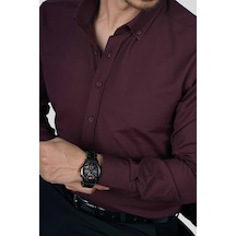 Koyu Bordo Yaka Düğmeli Premium Şamre Slimfit Erkek Gömlek Koyu Bordo