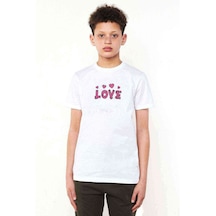 Love Pembe Yazı Baskılı Unisex Çocuk Beyaz T-Shirt