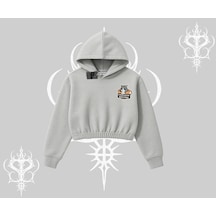 Need Coffee Right Meow Yazılı Kedi Baskılı Kapşonlu Crop Sweatshirt Gri