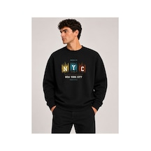 Herkesemoda Nyc Baskılı Bisiklet Yaka Şardonlu 2 İplik Sweatshirt Siyah