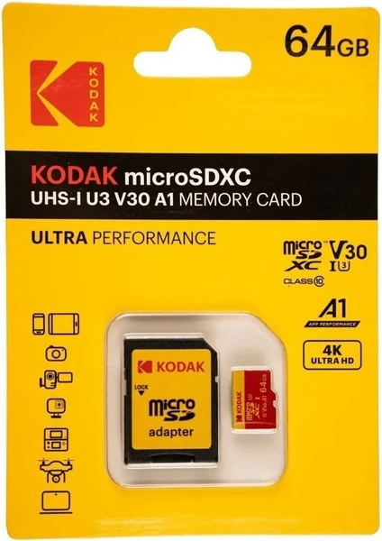 Kodak 64gb Uhs-ı U3 V30 A1 Micro Sd Hafıza Kartı + Adaptör Yüksek Okuma Yazma Hızı