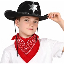 Mey İthalat Çocuk Kovboy Şapka Rozetli Siyah & Kırmızı Bandana Fular Seti