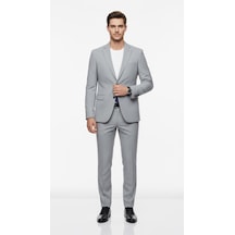 Erkek Slim Fit Mikro Desenli Takım Elbise 2 Düğmeli Çift Yırtmaçlı Modern Ceket Pantolon Takım Gri