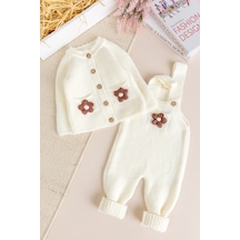 Babymod Yumuşak Dokulu Triko Hırkalı Kız Bebek Örgü Salopet Tulum Set Ekru