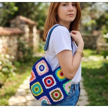 Newdaycraft El Örgüsü Tığ İşi Bohem Kare Motif Renkli Tote Çanta Çok renkli