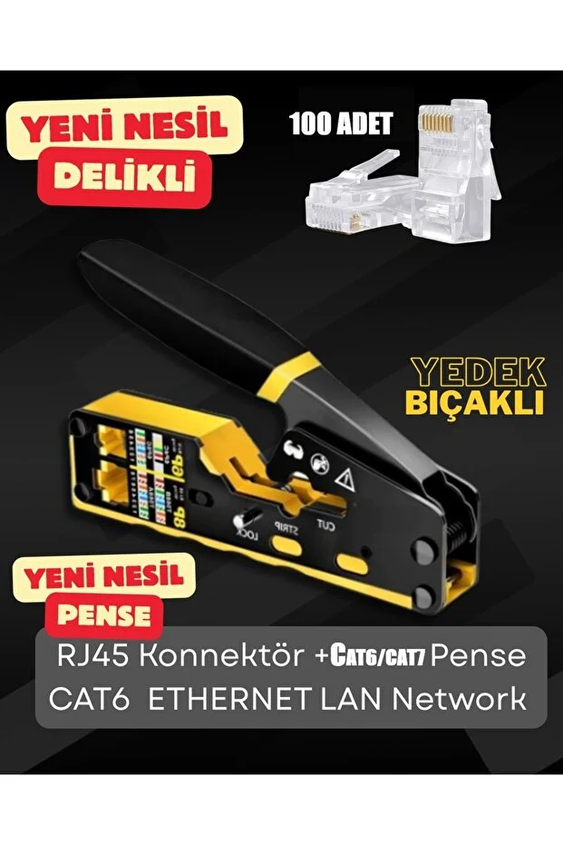 Yeni Nesil Pense Rj45 Çok Fonksiyonlu Ağ Sıkma Pensesi Cat6 Cat7 Rj45 Rj11 Rj12 + 100 Adet Rj45 Yeni Nesil Delikli Konnektör